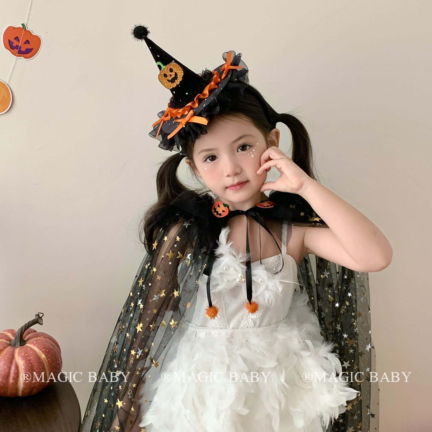 儿童万圣节搞怪女巫披风披肩斗篷女童魔法帽装扮饰品南瓜发箍头饰