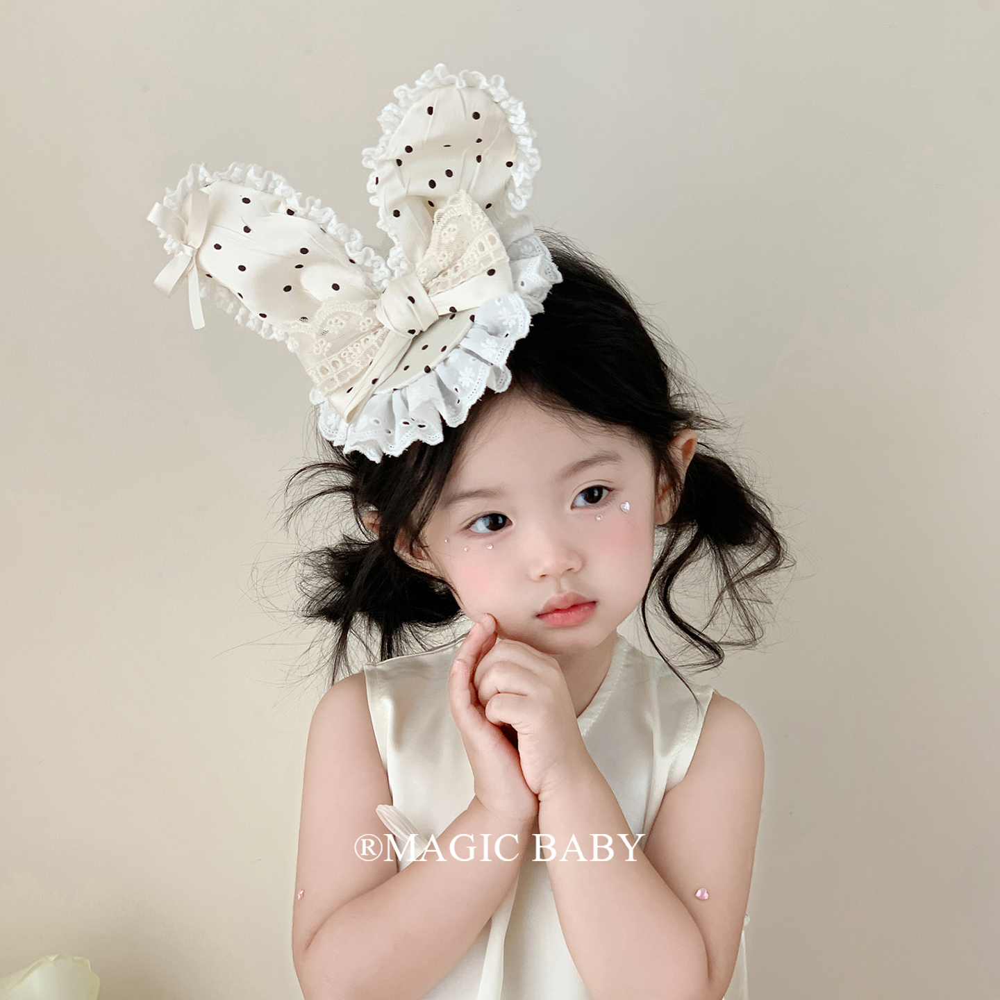 甜美黑白波点蕾丝兔耳朵发夹