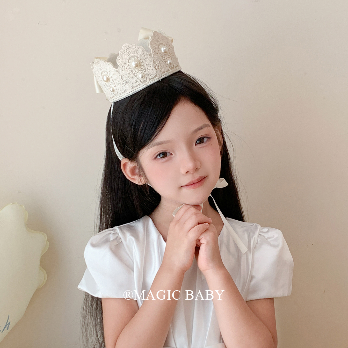 法式珍珠皇冠长飘带蝴蝶结生日帽