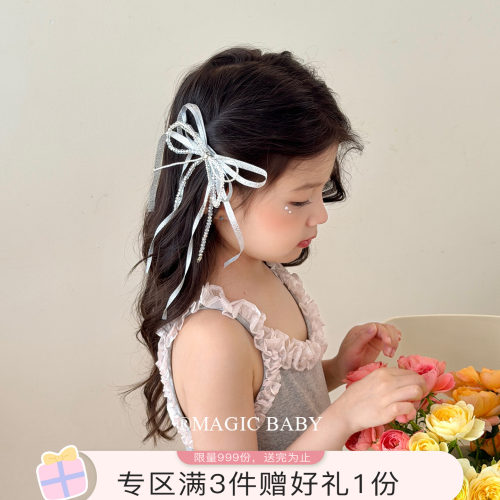 精致高级感银色珍珠流苏飘带蝴蝶结发夹韩系儿童夹子侧边夹发饰
