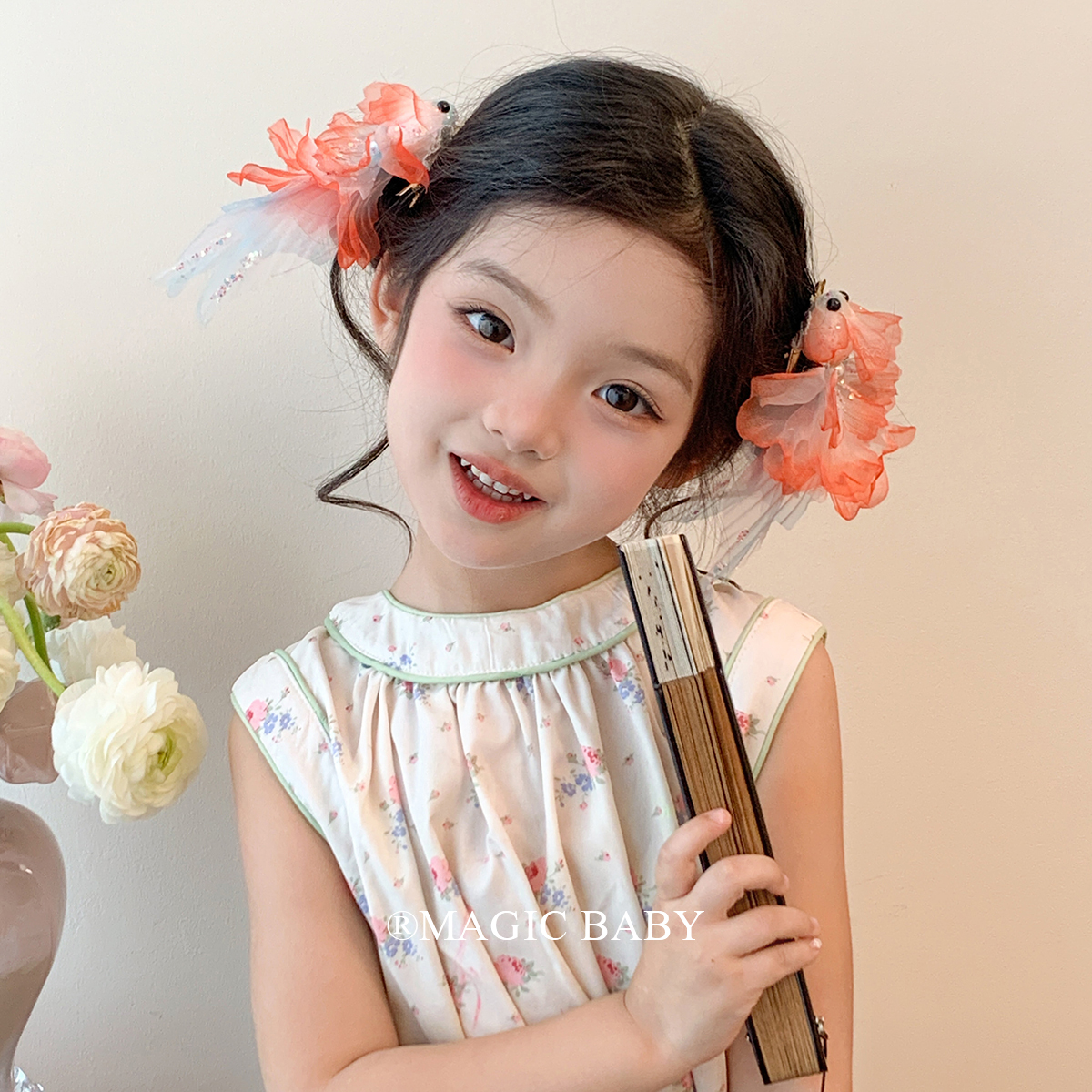 超仙珍珠绢纱锦鲤发夹儿童森系小金鱼夹子女童新中式头饰汉服发饰