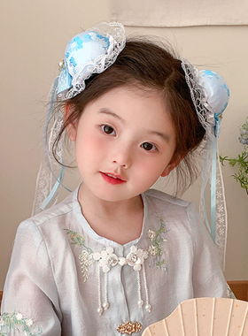 中华小厨娘头饰cos发包儿童Lolita配饰蓝色新中式旗袍发夹中华娘
