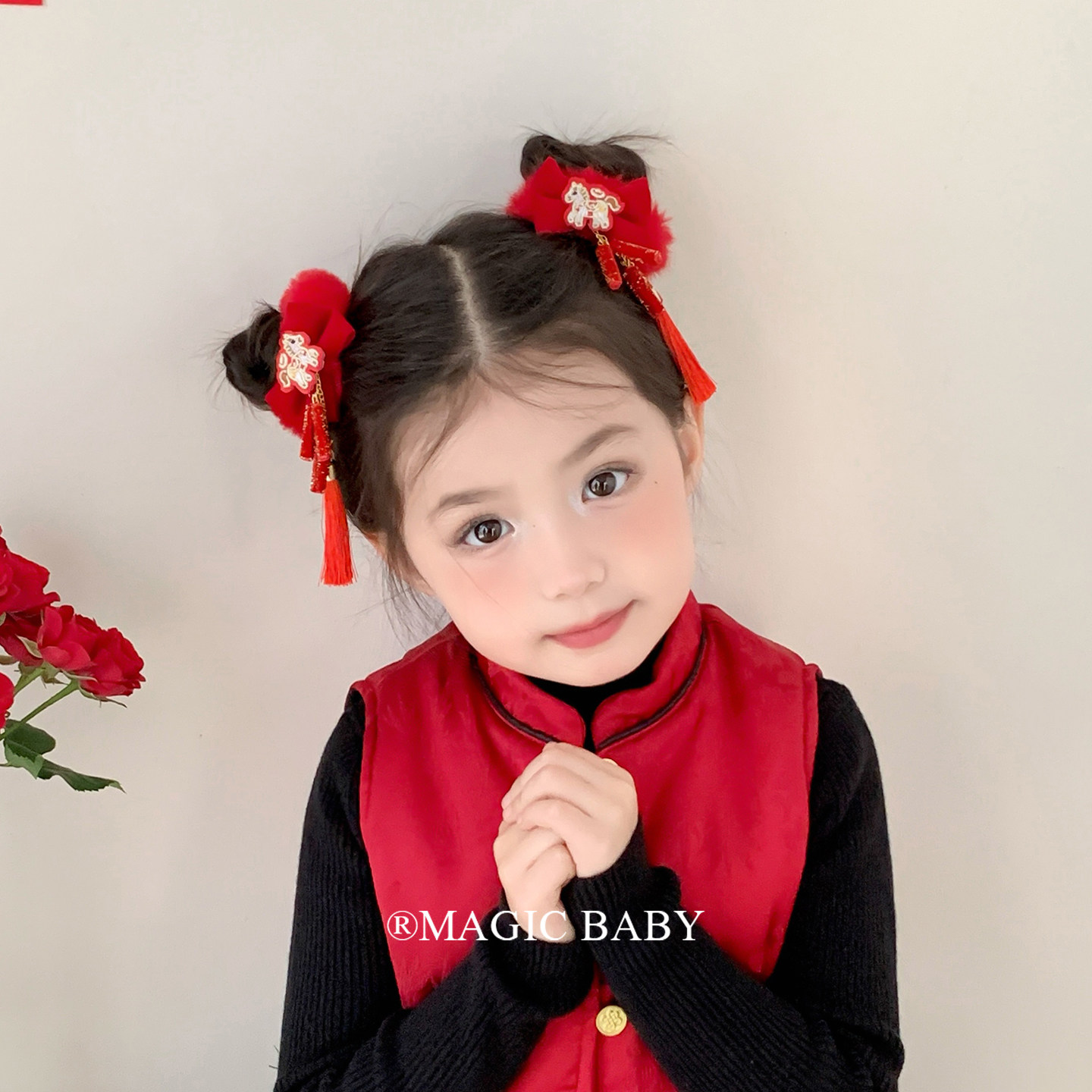 儿童新年红色毛绒小马鞭炮发圈女童扎丸子发绳过年拜年古风头饰