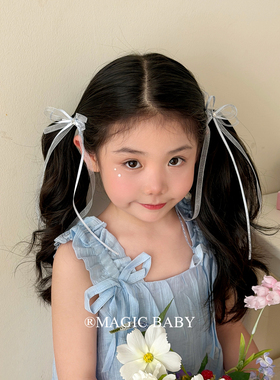韩系蓝色网纱飘带蝴蝶结发夹儿童超仙侧边马尾夹子小女孩头饰发卡