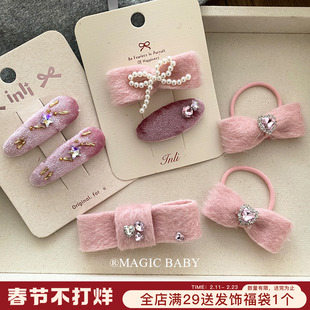 粉色丝绒蝴蝶结头饰儿童发夹精致水钻漂亮夹子宝宝刘海夹发饰bb夹