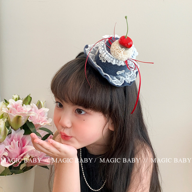 牛仔蓝立体樱桃生日蛋糕发箍女宝生日头饰儿童生日帽发夹拍照道具
