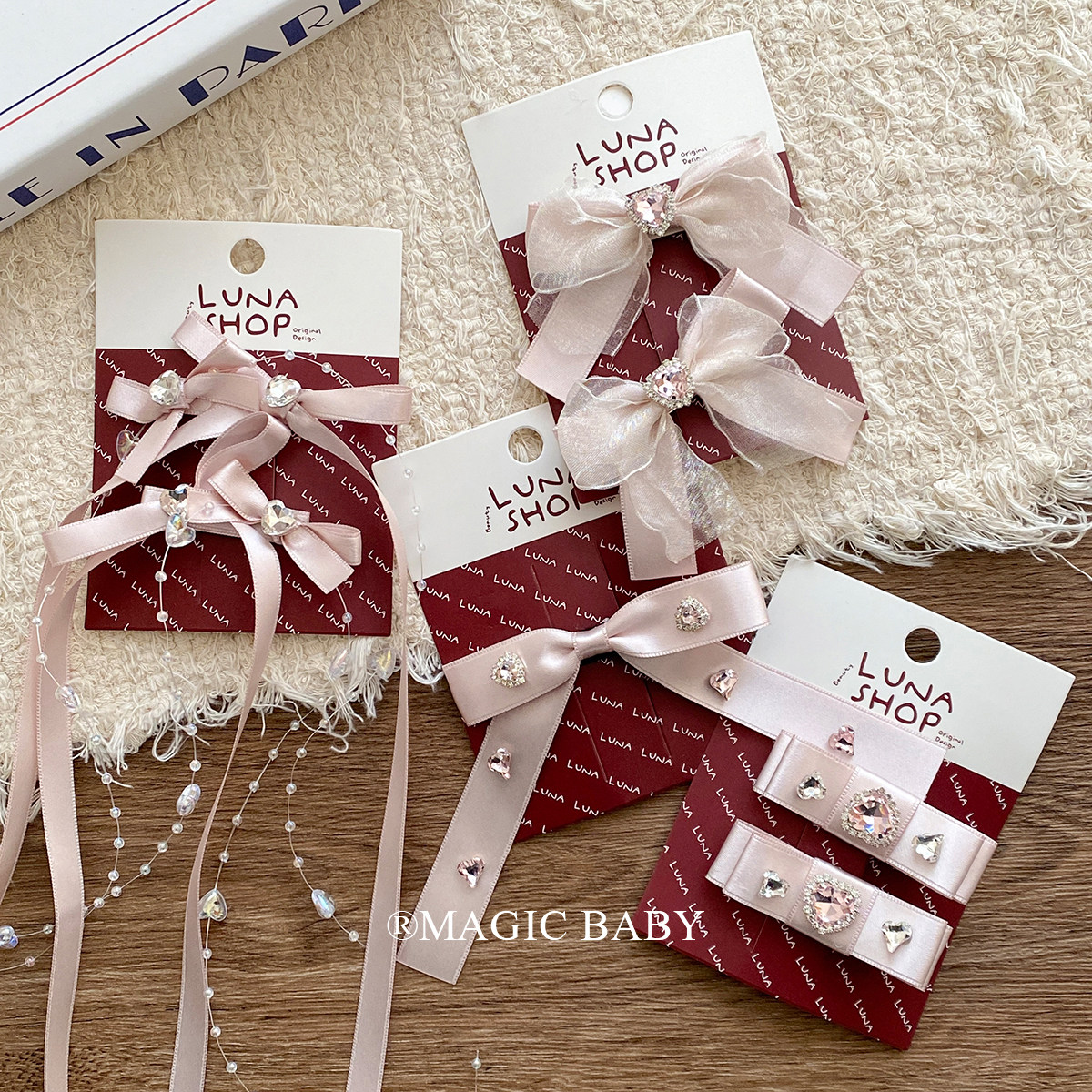 粉色系爱心水钻蝴蝶结头饰儿童发夹女童洋气公主飘带夹子新年发饰,童装/婴儿装/亲子装,发饰,淘宝优惠券,粉丝福利购,淘宝优惠卷