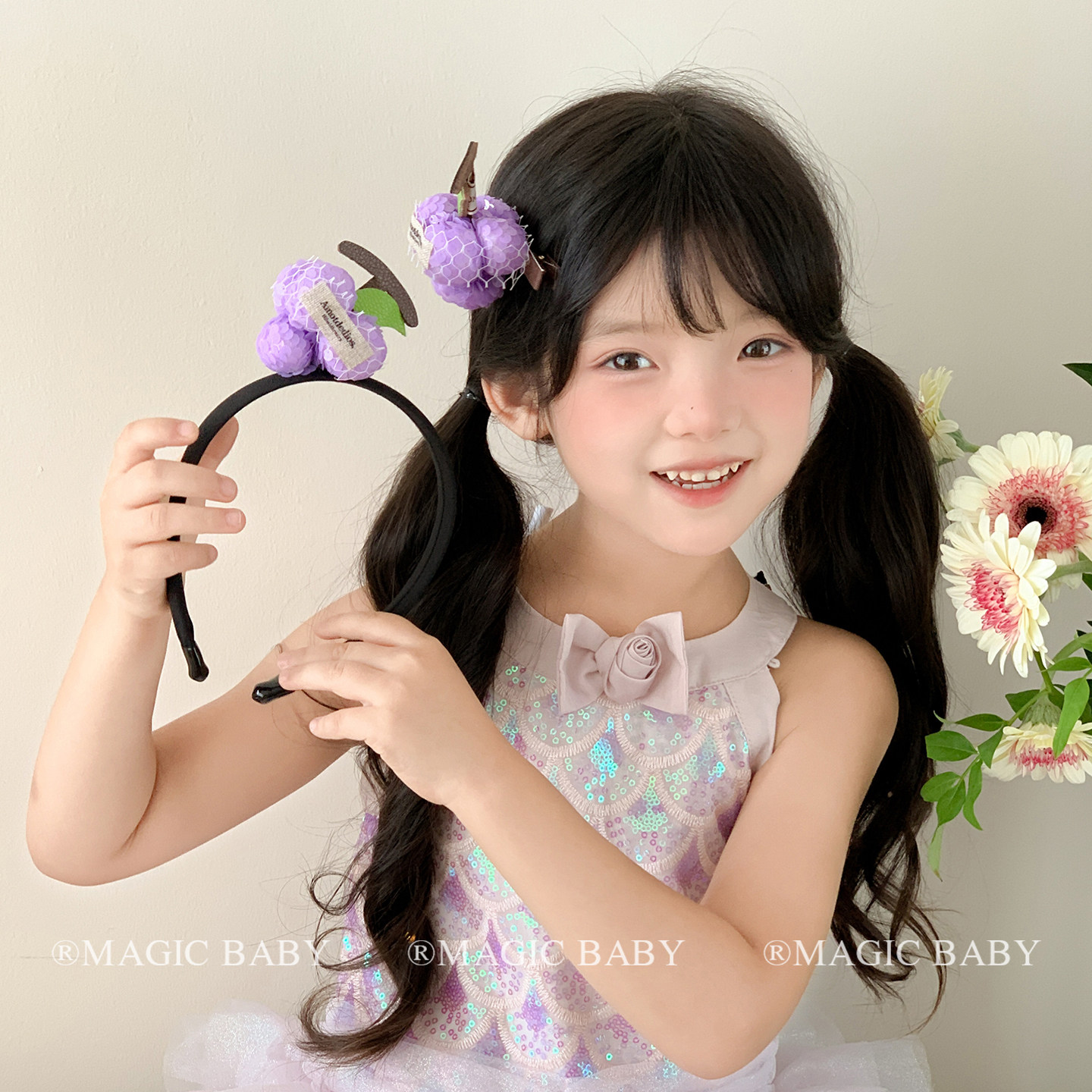 创意可爱立体小葡萄发箍儿童亮片水果发夹搞怪葡萄菠萝夹子头饰