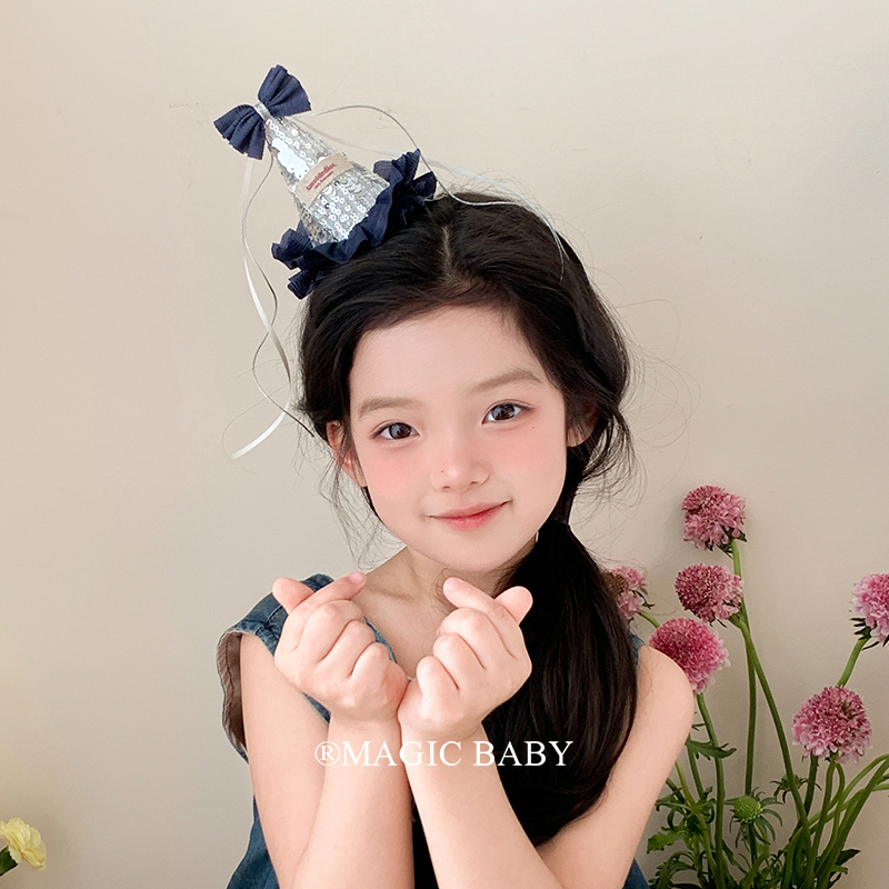 高级感精致牛仔蝴蝶结亮片生日帽发夹儿童生日头饰表演发饰女