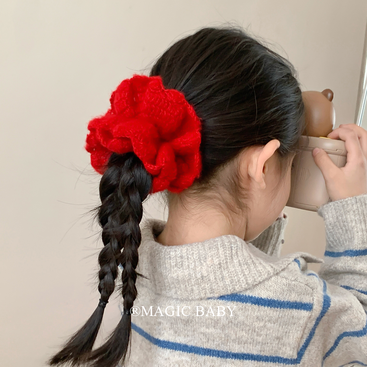 明艳红色针织毛绒毛线针织大肠发圈韩系扎发皮筋马尾发绳女童头饰