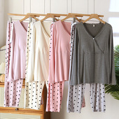 春夏秋孕妇喂奶睡衣弹力大码 莫代尔带胸垫月子服产后哺乳长袖 套装