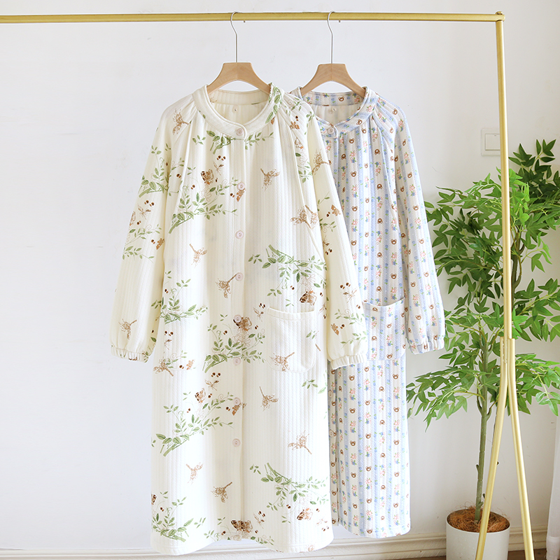 空气棉哺乳睡裙秋冬加厚纯棉孕妇产后月子服开衫长裙家居喂奶大码