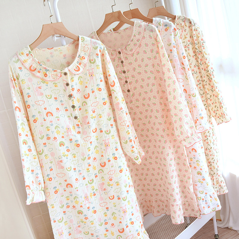 睡裙女纯棉纱布春夏秋季日系甜美少女风全棉绉布中长款长袖家居裙