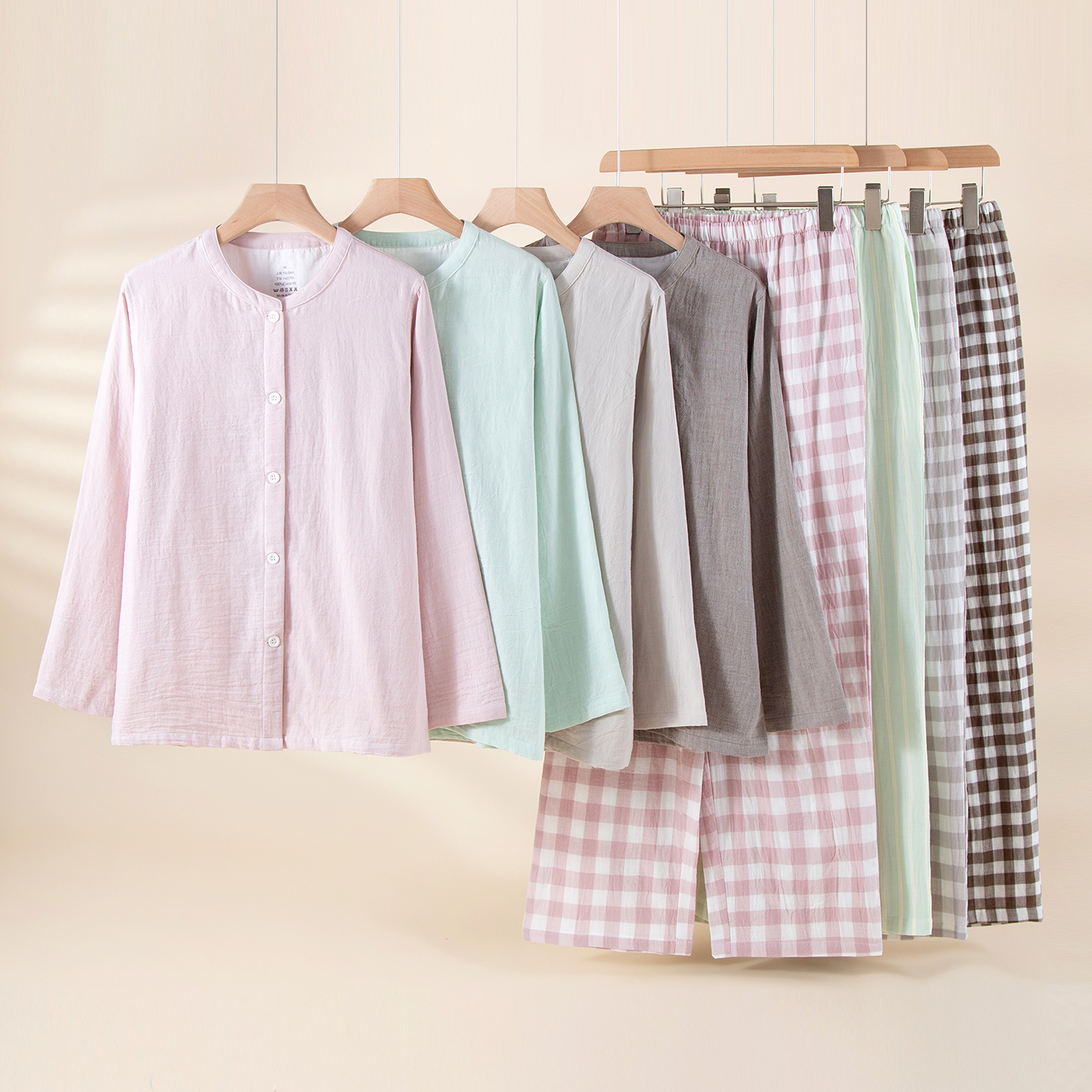 纯棉长袖长裤家居服简约格子套装