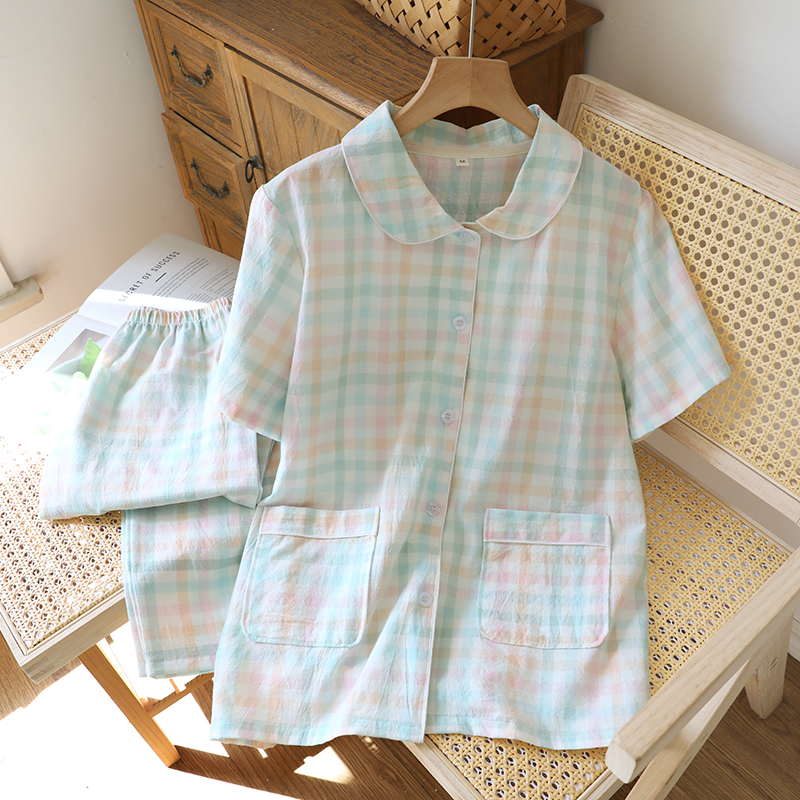 日系水洗棉格子短袖家居服春夏季