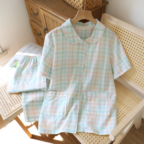 日系水洗棉格子短袖家居服春夏季