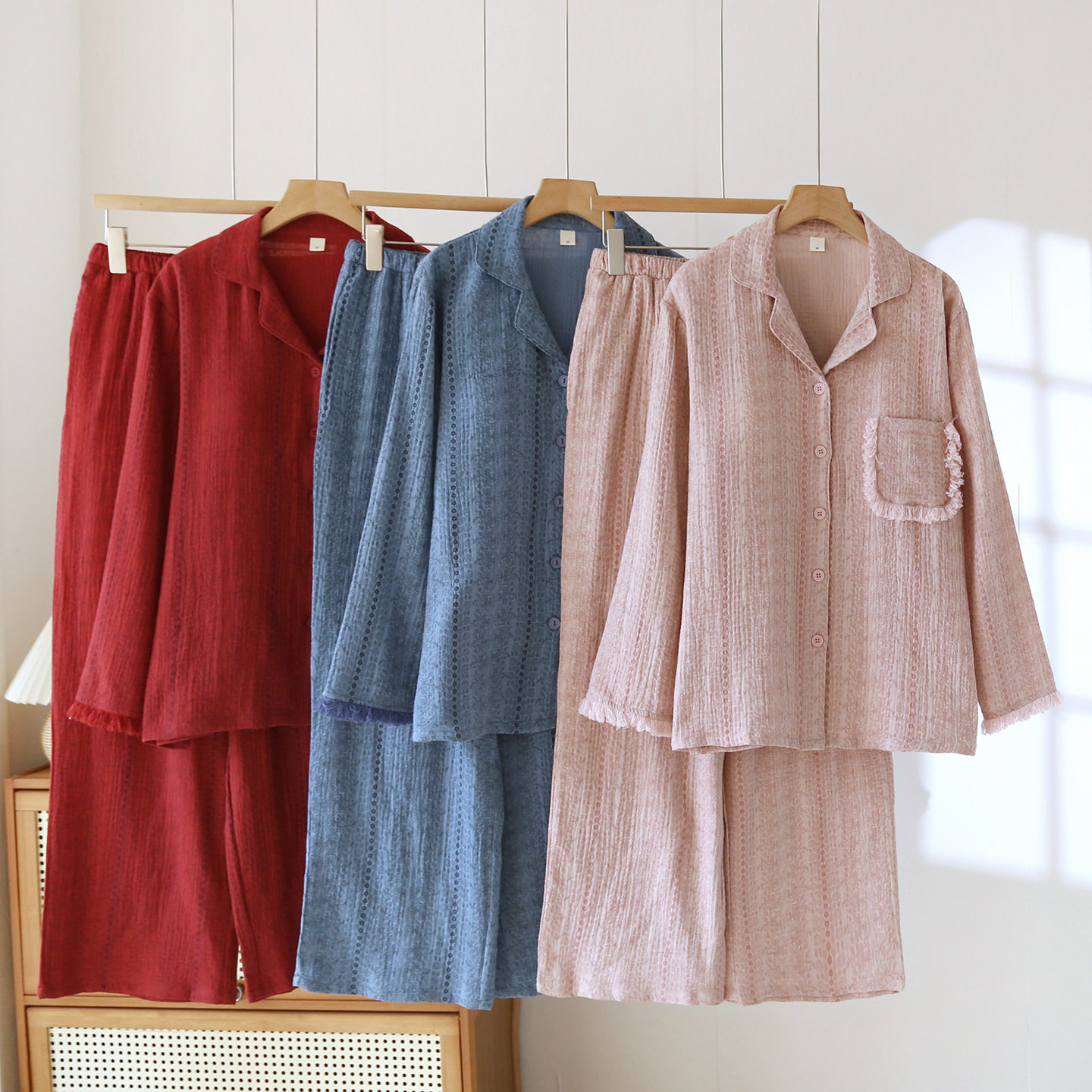 纯棉带胸垫睡衣女双层纱布流苏长袖长裤套装春夏秋简约家居服宽松