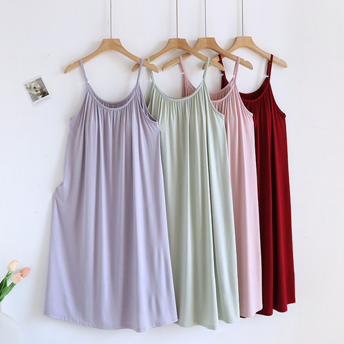 带胸垫吊带家居长裙弹力莫代尔