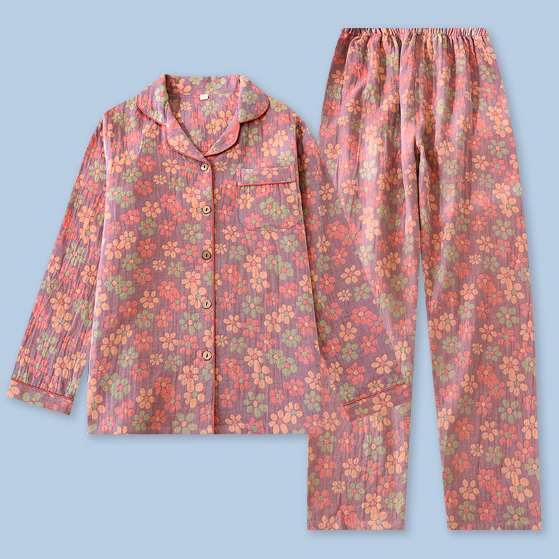 纯棉睡衣套装女春秋双层提花纱布长袖开衫家居服复古中年装大码