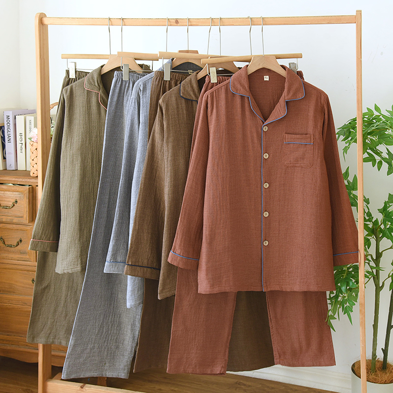 色织纯棉男士长袖家居服套装大码