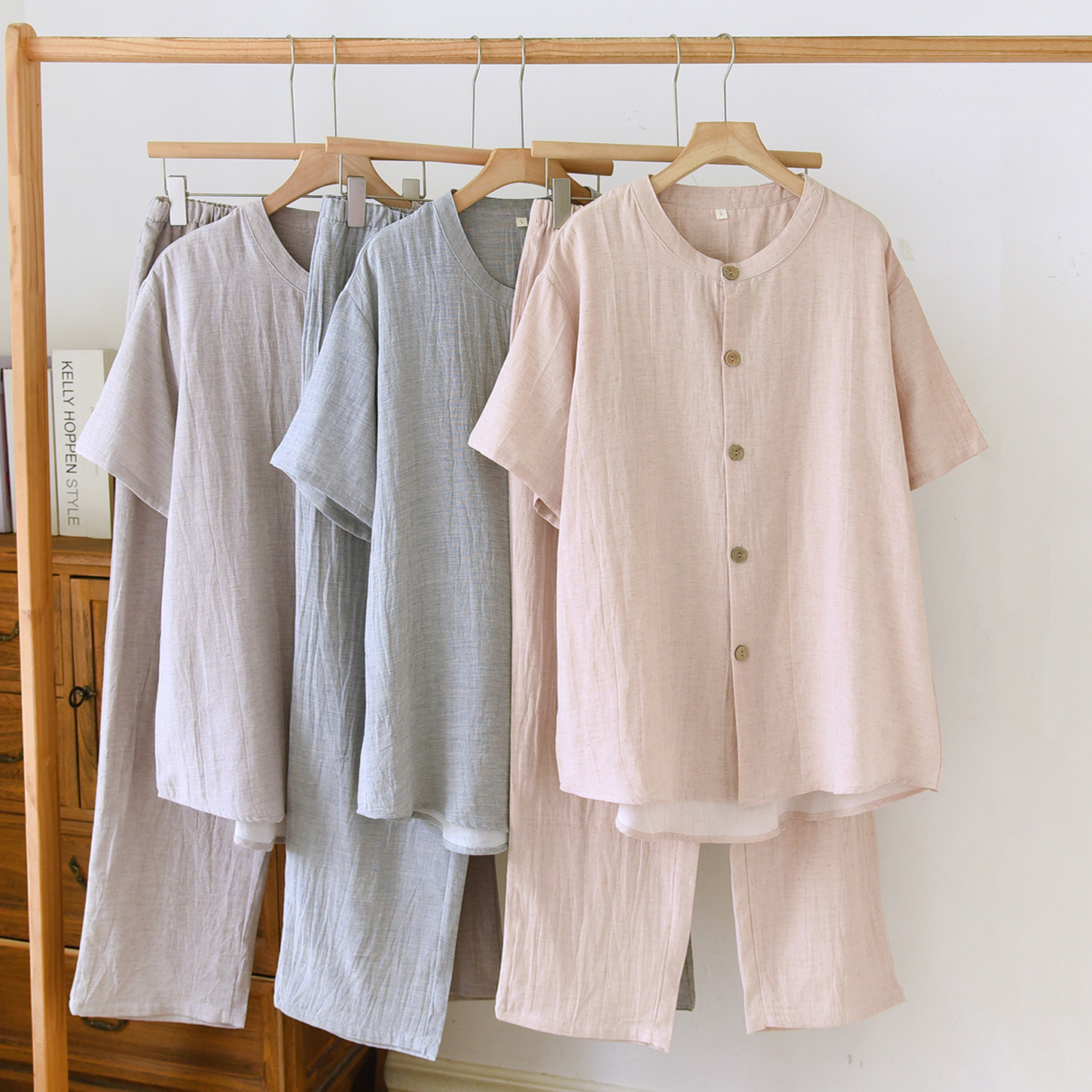 简约男士天丝棉麻睡衣夏季薄款短袖长裤套装无印风家居服凉感宽松