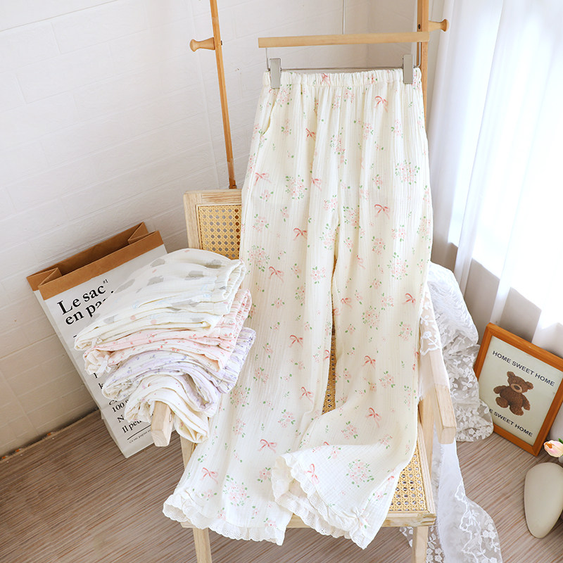 纯棉纱布睡裤女春夏秋季薄款甜美花边家居长裤口袋休闲可外穿全棉,女士内衣/男士内衣/家居服,睡裤/家居裤,淘宝优惠券,粉丝福利购,淘宝优惠卷