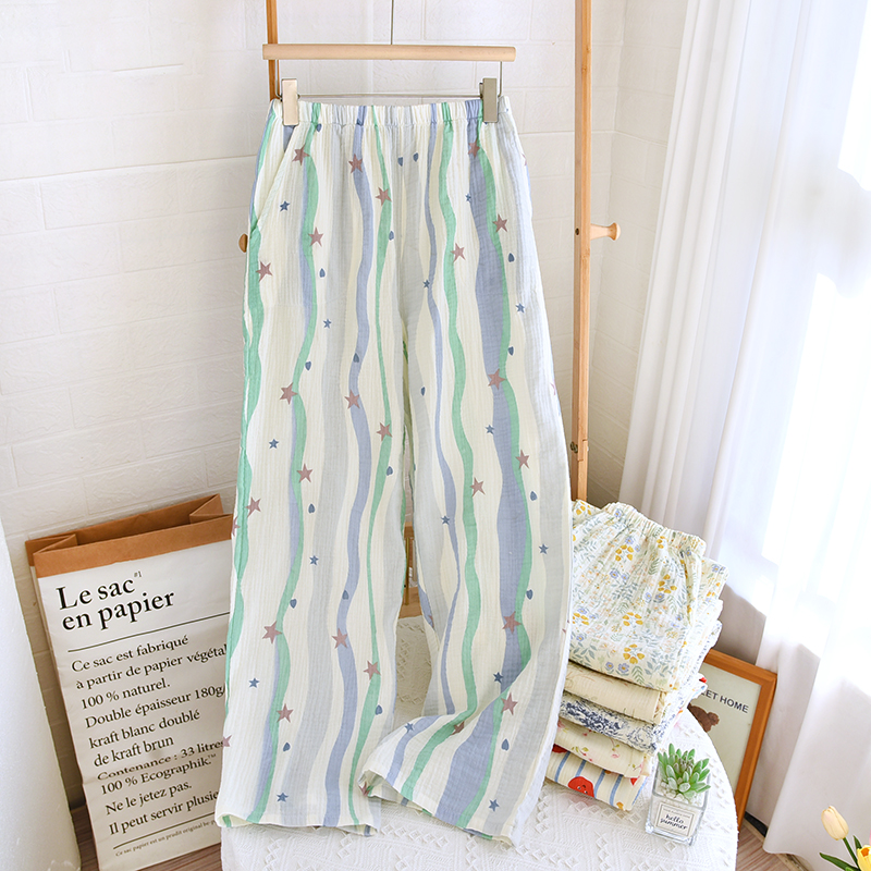 春秋纯棉女士松紧腰家居长裤宽松