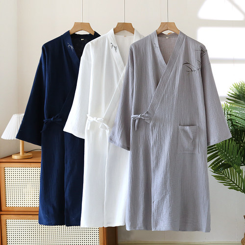 纯棉日式和服家居睡袍简约刺绣