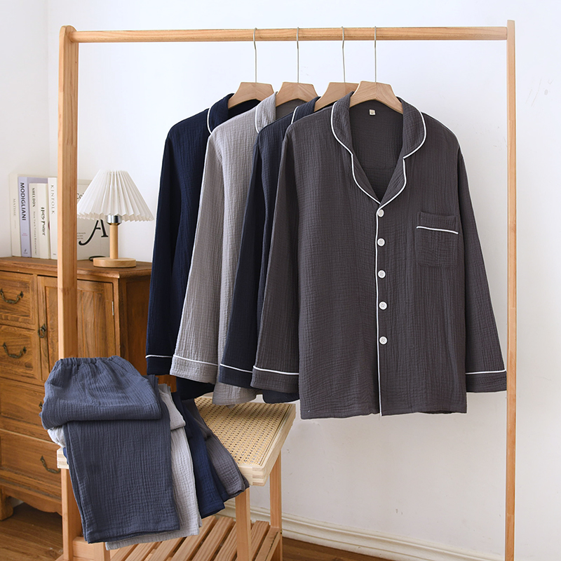 男士纯棉翻领开衫家居服套装宽松