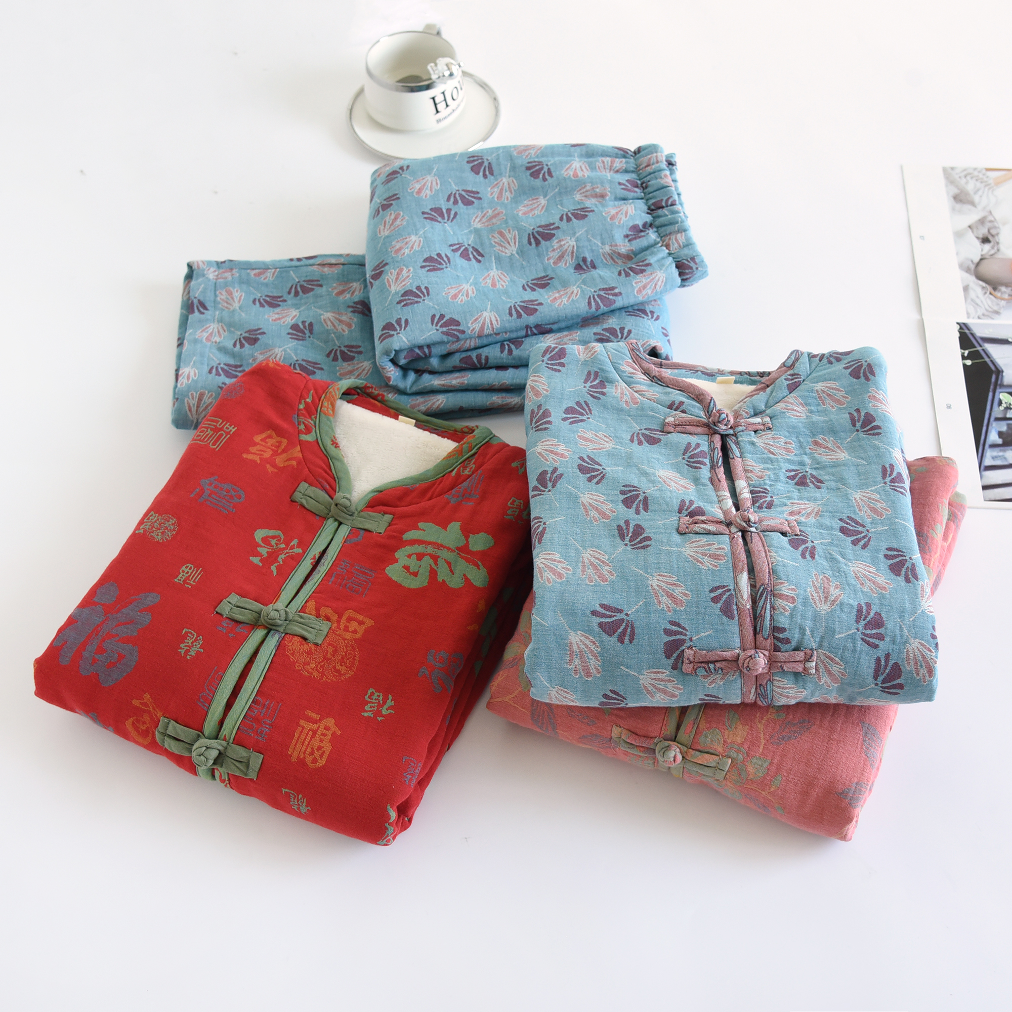 女士色织纯棉夹层保暖家居服套装