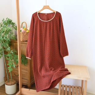 甜美碎花纯棉睡裙女双层纱布圆领花边长袖 全棉春秋 睡袍家居服长款