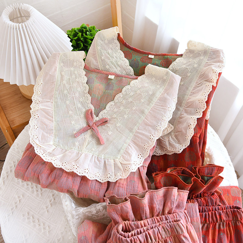 纯棉V领睡衣女士花边套头长袖家居服纱布色织套装春秋宽松可外穿,女士内衣/男士内衣/家居服,睡衣/家居服套装,淘宝优惠券,粉丝福利购,淘宝优惠卷