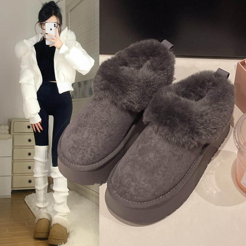 灰色厚底皮毛一体保暖雪地靴子女鞋2025年新款冬季加绒东北大棉鞋