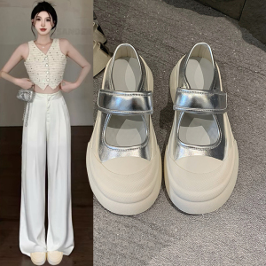 赵露思同款厚底玛丽珍鞋女2024夏季新款魔术贴板鞋懒人大头小白鞋
