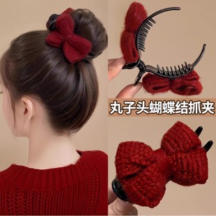 2025新年红色蝴蝶结丸子头抓夹女新年高马尾盘发神器发夹可爱头饰