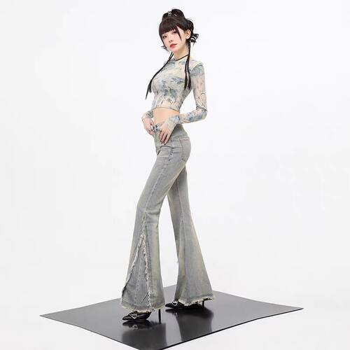 韩版毛边微喇牛仔裤女辣妹高腰复古弹力紧身拖地马蹄裤子