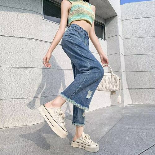 毛边破洞直筒牛仔裤女春夏新款高腰大码胖MM显瘦百搭九分阔腿裤潮