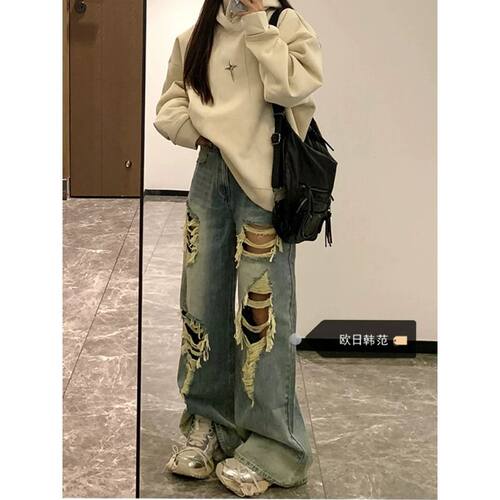 大码美式复古水洗高腰破洞牛仔裤女秋季高街vibe直筒宽松阔腿裤子