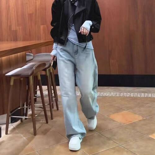 水洗浅蓝色阔腿牛仔裤女2025年春秋新款弯刀裤百搭显瘦直筒拖地裤