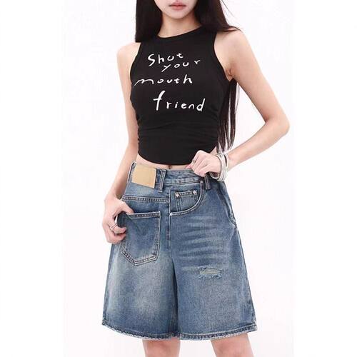 美式复古牛仔短裤女夏季2025年新款设计感宽松显瘦五分直筒中裤子