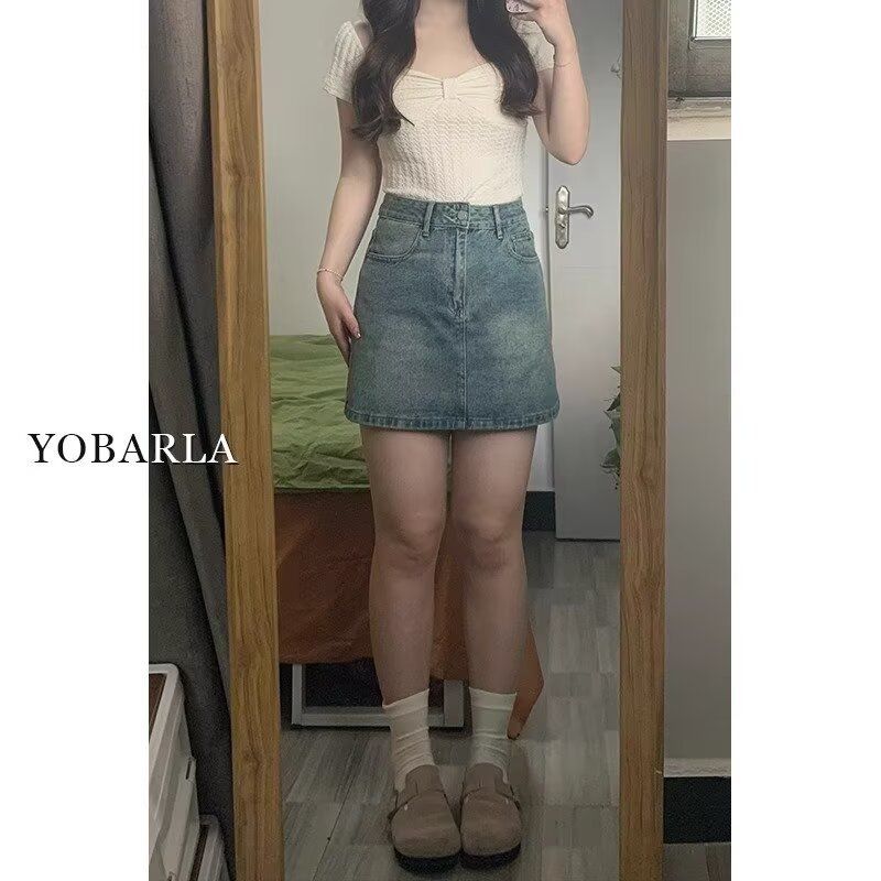 复古蓝牛仔短裙女夏季高腰大码显瘦胖mm梨形身材遮肚子a字半身裙图片