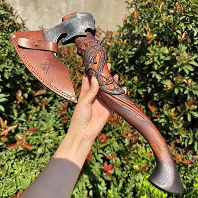 新款核桃木雕刻柄65锰钢锻打斧头把玩斧家用劈柴斧露营斧