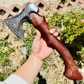 定制款 35cm缅甸红花梨木俄罗斯战斧65锰钢锻打斧头收藏级斧