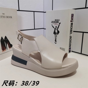 女鞋 特价 夏季 一字扣带侧空凉鞋 清仓 坡跟防水台凉鞋 外贸真皮断码