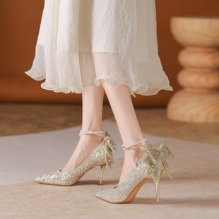 婚鞋 十八岁成年礼服高跟鞋 女 女银色水晶鞋 结婚婚纱法式 单鞋 新娘鞋