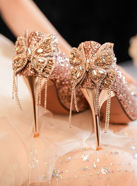 蝴蝶结水钻bilingbiling流苏亮片闪耀婚鞋宴会礼服奢华高跟鞋气质
