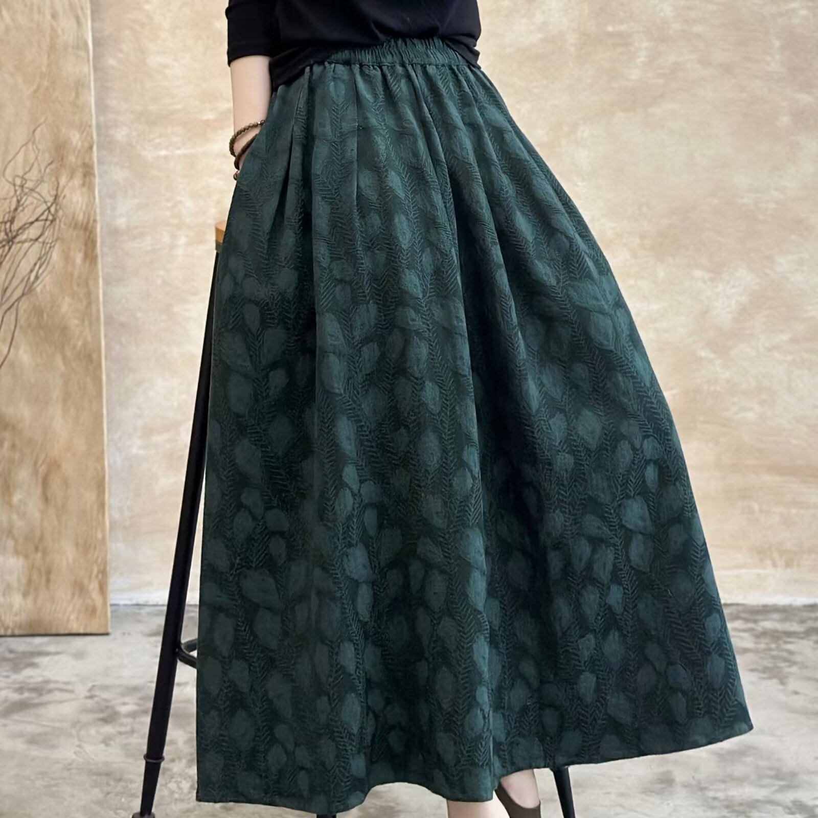 2025秋季新款复古文艺棉麻提花羽毛百搭显瘦A字裙森女系百褶长裙,女装/女士精品,半身裙,淘宝优惠券,粉丝福利购,淘宝优惠卷