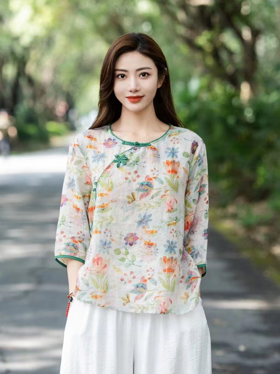 夏季新款文艺复古盘扣斜襟衬衣名族风小碎花苎麻上衣改良茶服女