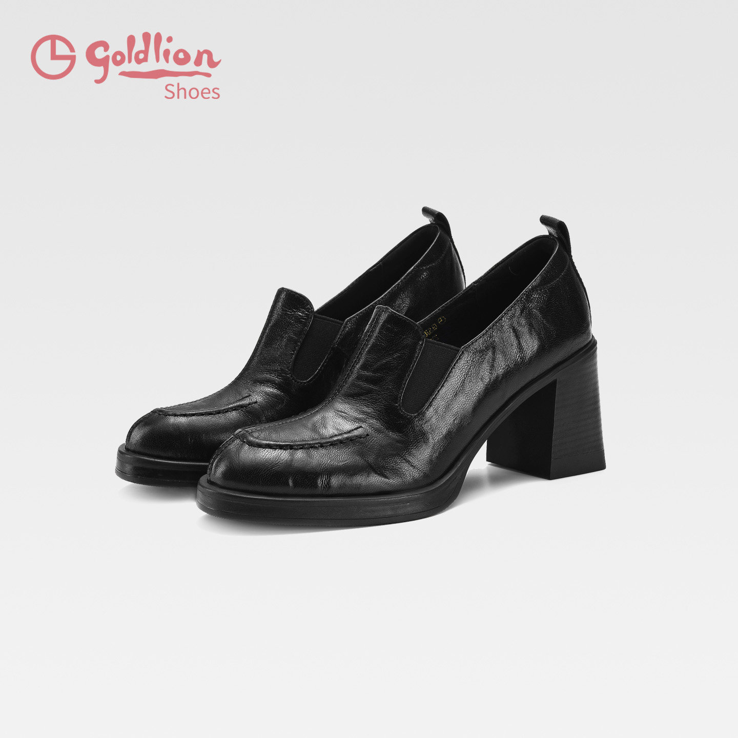 金利来女鞋粗跟百搭深口单鞋厚底羊皮高跟鞋松紧圆头时尚小皮鞋SJ