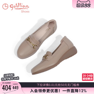 金利来妈妈皮鞋春秋舒适女鞋一脚蹬圆头深口女单鞋真皮坡跟乐福鞋